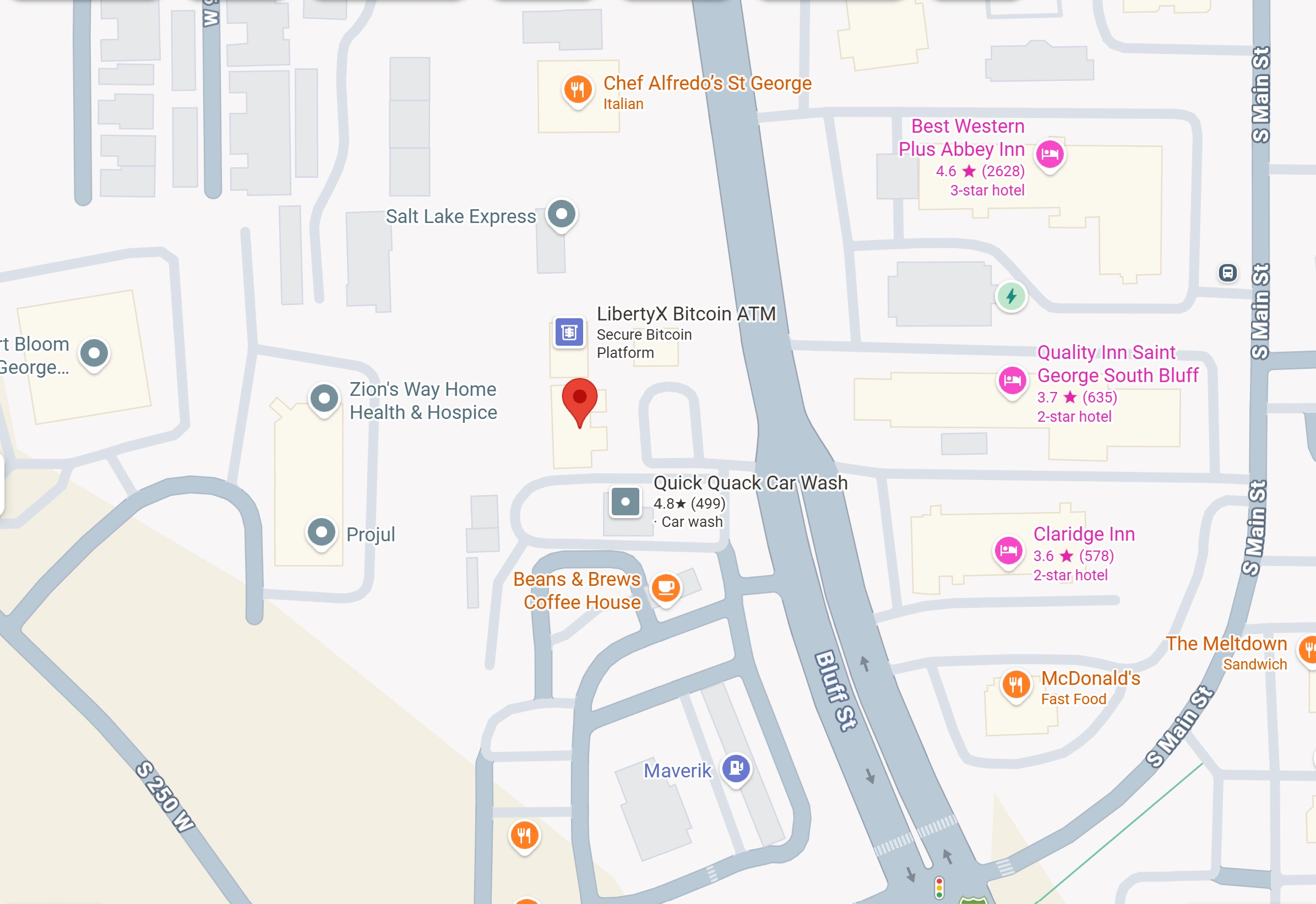 Map showing the Dixie Chix Reporting office at 1150 S Bluff Street in St. George, Utah, with the surrounding Bluff Street corridor.
